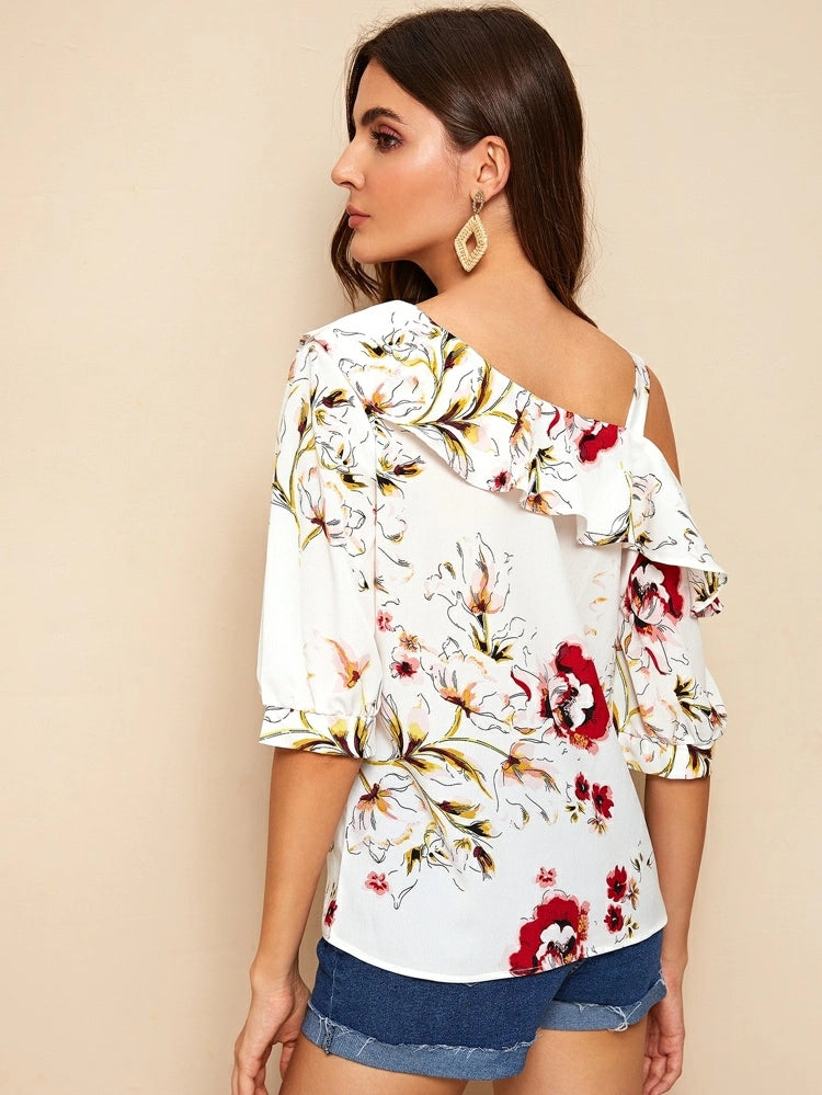 Floral Print Ruffle Trim Asymmetrical Neck Blouse - 38"