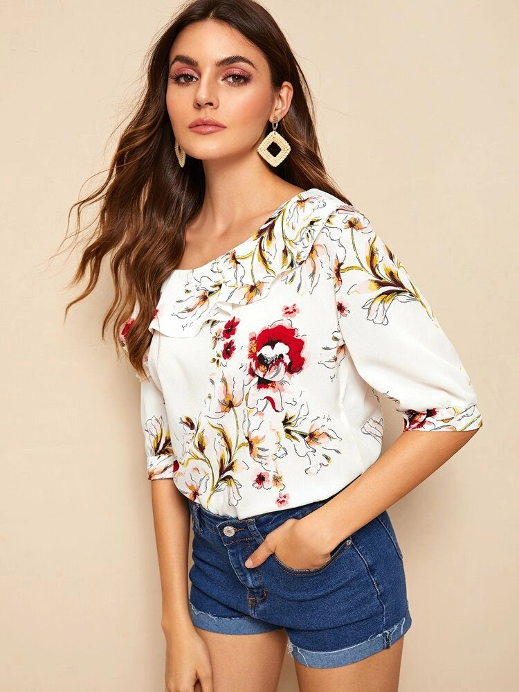 Floral Print Ruffle Trim Asymmetrical Neck Blouse - 38"