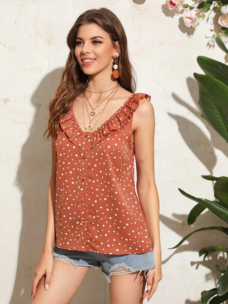 Polka Dot Ruffle Trim Blouse - 40"