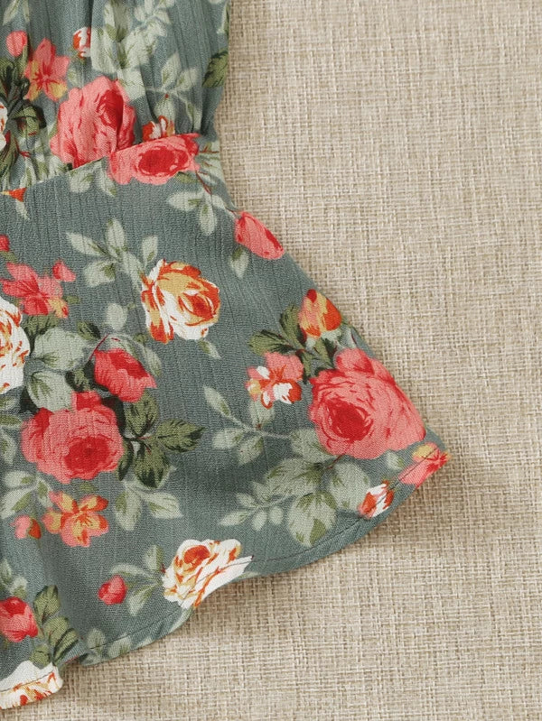 Knot Straps Ruched Bust Floral Peplum Cami Top - 34"