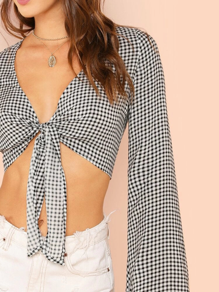 Knot Front Gingham Crop Top - 36"