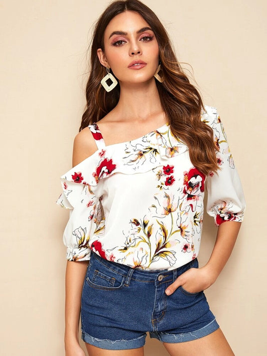 Floral Print Ruffle Trim Asymmetrical Neck Blouse - 38"