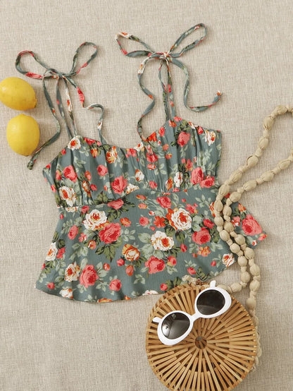 Knot Straps Ruched Bust Floral Peplum Cami Top - 34"