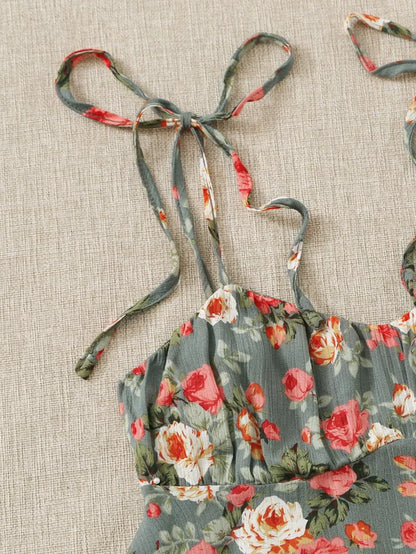 Knot Straps Ruched Bust Floral Peplum Cami Top - 34"