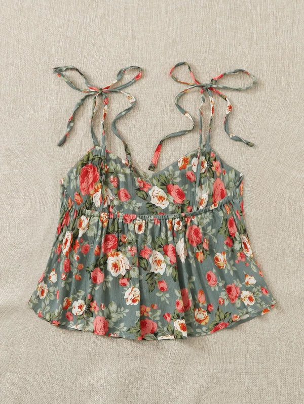 Knot Straps Ruched Bust Floral Peplum Cami Top - 34"
