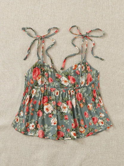 Knot Straps Ruched Bust Floral Peplum Cami Top - 34"