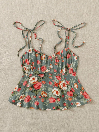 Knot Straps Ruched Bust Floral Peplum Cami Top - 34"